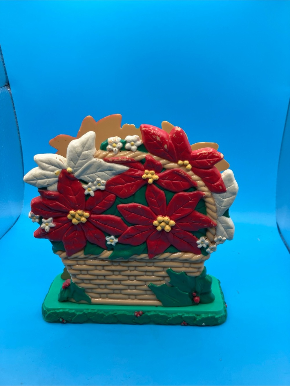 Vintage Avon Christmas Napkin Card Holder POINSETTIA Basket Shape Hard Plastic